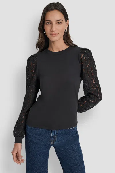 Dkny Women's Lace Puff Long Sleeve Crew Neck T-shirt In Black