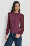 Dkny Women's Lace Puff Long Sleeve Crew Neck T-shirt In Brown