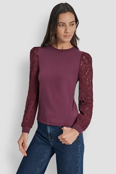 Dkny Women's Lace Puff Long Sleeve Crew Neck T-shirt In Brown