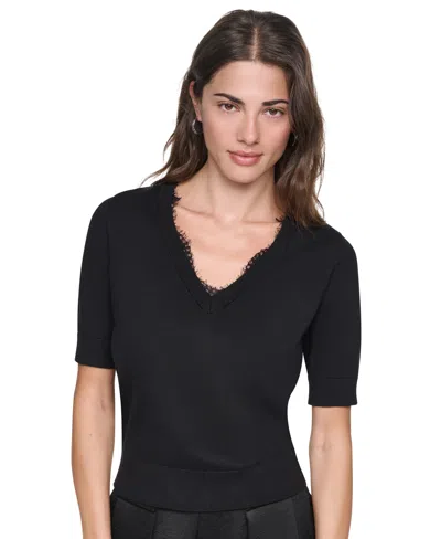 Dkny Women's Lace Trim Crewneck Short-sleeve Cotton Sweater In Black