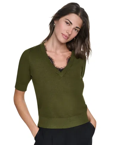 Dkny Women's Lace Trim Crewneck Short-sleeve Cotton Sweater In Dark Olive