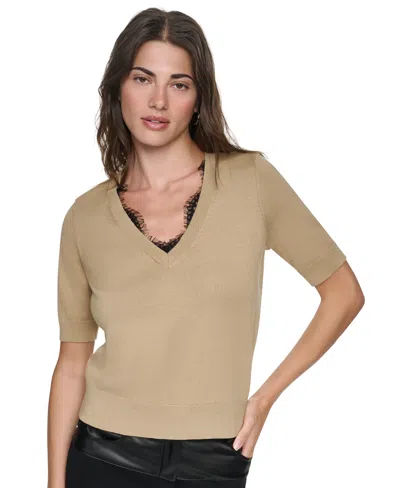 Dkny Women's Lace Trim Crewneck Short-sleeve Cotton Sweater In Travertine