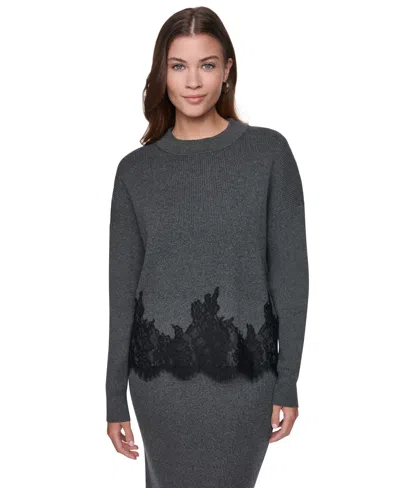 Dkny Women's Lace-trim Long-sleeve Loose-fit Sweater In Gray