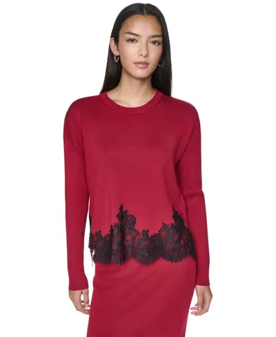 Dkny Women's Lace-trim Long-sleeve Loose-fit Sweater In Red