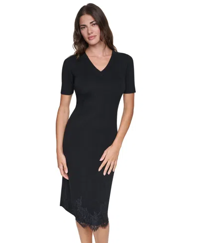 Dkny Women's Lace-trim V-neck Short-sleeve Midi Dress In Black