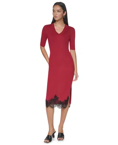 Dkny Women's Lace-trim V-neck Short-sleeve Midi Dress In Blue