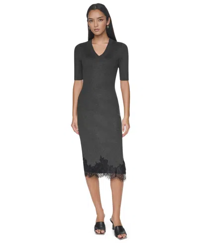 Dkny Women's Lace-trim V-neck Short-sleeve Midi Dress In Gray