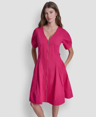 Dkny Women's Lantern Puff-sleeve V-neck Dress In Pink