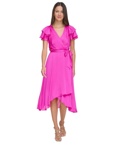 Dkny Women's Layered Flutter-sleeve Tie-waist Dress In Power Pink