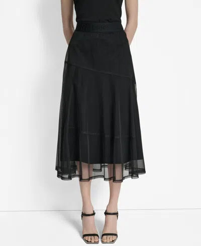 Dkny Women's Layered Mesh Logo-tape Midi Skirt In Black