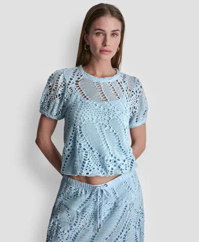 Dkny Women's Leaf Crochet Short-sleeve Top In Blue