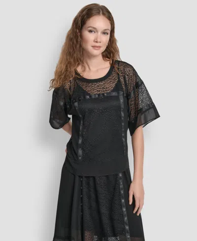 DKNY WOMEN'S LEOPARD MESH SHORT SLEEVE FLOWY BOX TOP