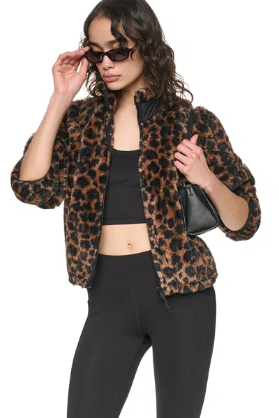 Dkny Women's Leopard Print Sherpa Jacket In Brown