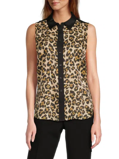 Dkny Women's Leopard-print Sleeveless Button Shirt In Brown
