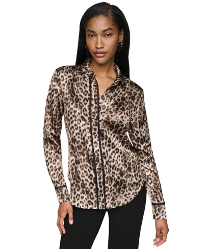 Dkny Women's Leopard-print Long-sleeve Blouse In Brown