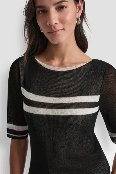 Dkny Stripe Lightweight Elbow Sleeve Sweater In Black