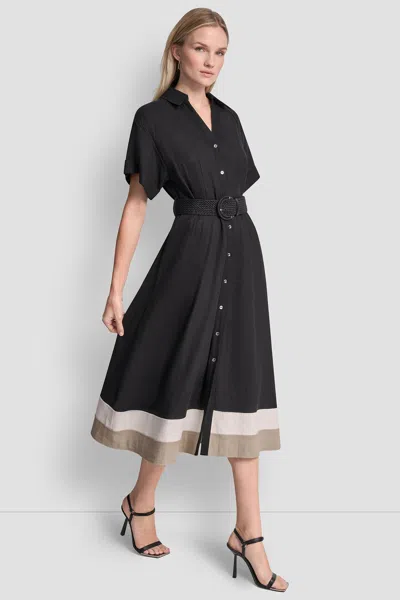 Dkny Women's Linen-blend Color-block Shirt Dress In Black