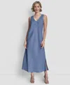 Dkny Women's Linen Panelled V-neck Midi Dress In Blue