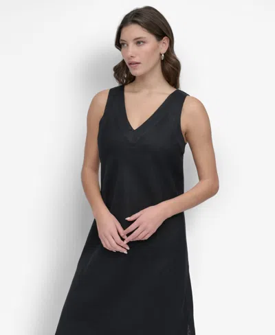 Dkny Women's Linen Panelled V-neck Midi Dress In Black