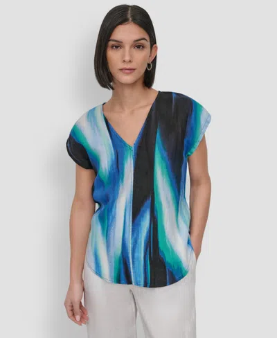 DKNY WOMEN'S LINEN PRINTED V-NECK TOP