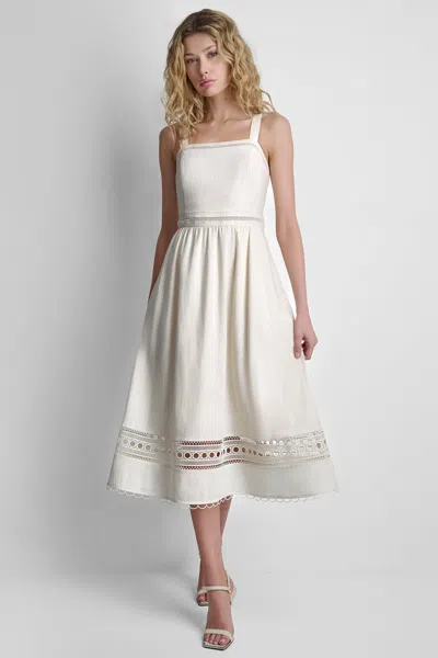Dkny Eyelet Embroidery Linen Blend A-line Dress In White