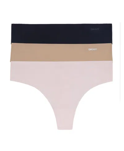 Dkny Women's Litewear Cut Anywear Thong Underwear 3 Pack In Black,glow,pearl