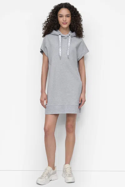 Dkny Women's Logo Drawstring Mini Hoodie Dress In Gray
