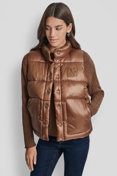 Dkny Women's Logo-embroidered Puffer Vest In Brown