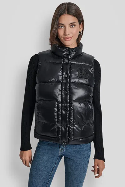 Dkny Women's Logo-embroidered Puffer Vest In Black