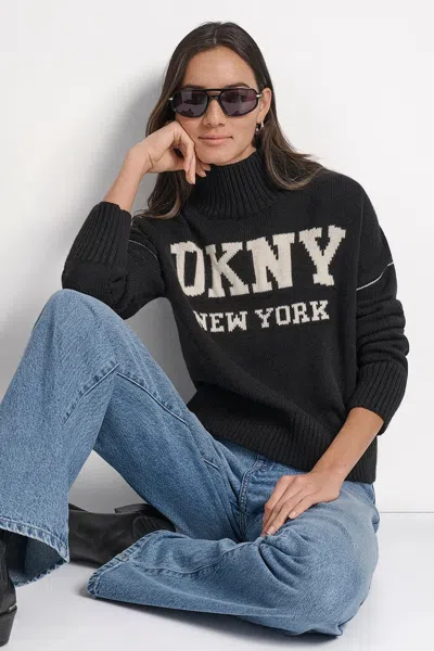 Dkny Women's Logo Intarsia Mock-neck Sweater In Black