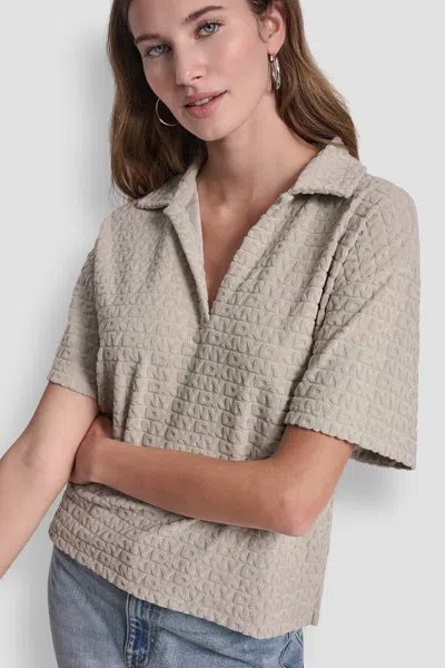 Dkny Logo-jacquard Polo-collar V-neck T-shirt In Gray