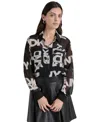 Dkny Womens Printed Polyester Button-down Top In Blk,ivory