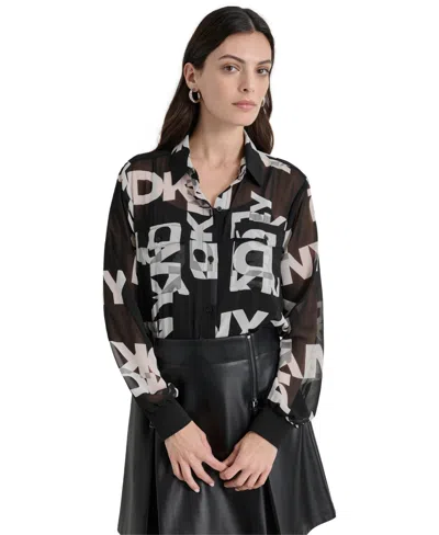 Dkny Womens Printed Polyester Button-down Top In Blk,ivory