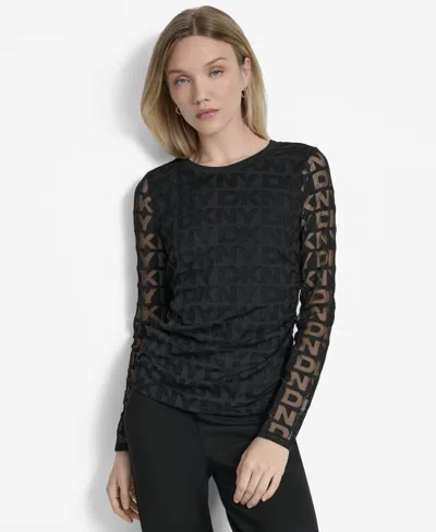 Dkny Women's Logo-mesh Jacquard Long-sleeve Top In Black