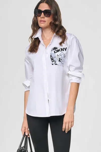 Dkny Women's Logo Pocket Poplin Shirt In White