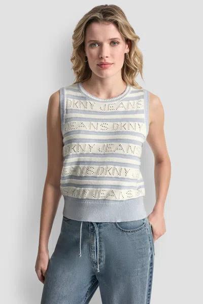 Dkny Women's Logo Pointelle Striped Sweater In Blue
