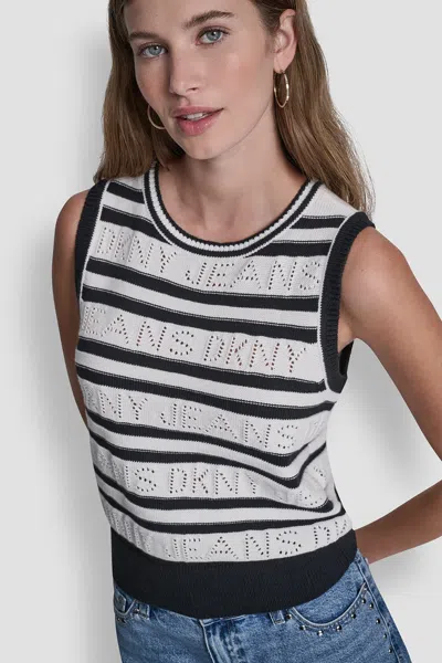 Dkny Women's Logo Pointelle Striped Sweater In Blue