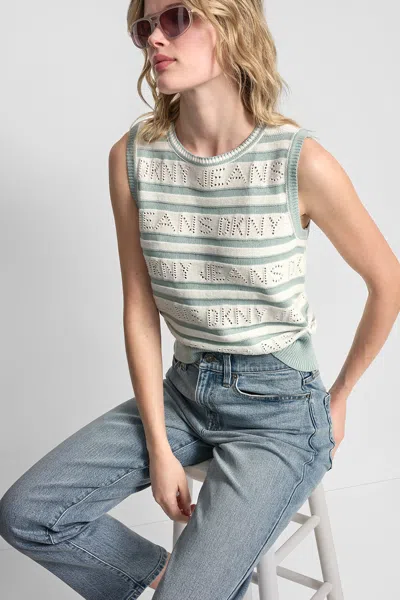 Dkny Women's Logo Pointelle Striped Sweater In Blue