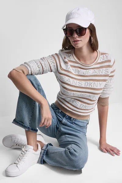 Dkny Women's Logo Pointelle Striped Sweater In Neutral