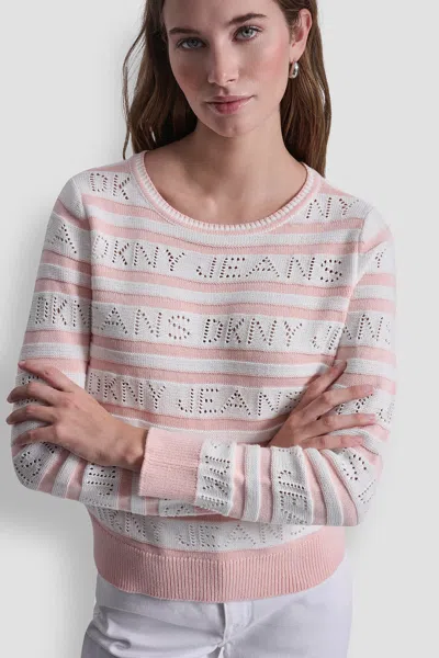 Dkny Women's Logo Pointelle Striped Sweater In Pink