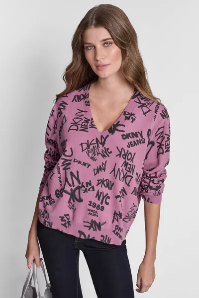 Dkny Women's Logo Printed V-neck Pullover In Purple