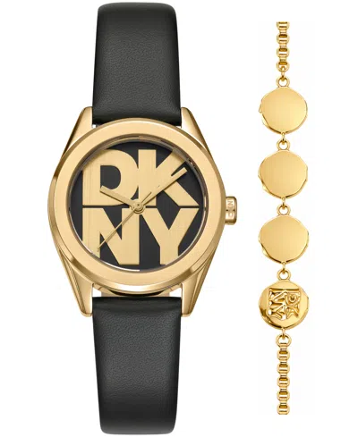 Dkny Women's Logo Quartz Black Leather Strap Watch 28mm Gift Set In Gold