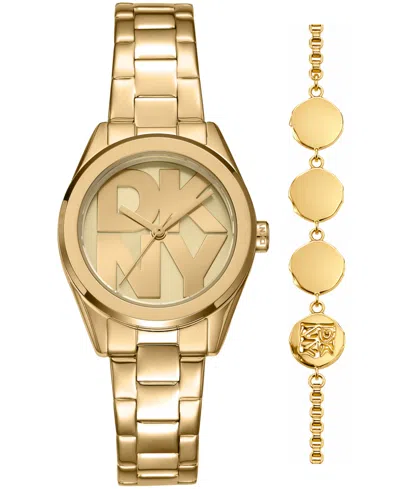 Dkny Women's Logo Quartz Gold-tone Stainless Steel Bracelet Watch 28mm Gift Set