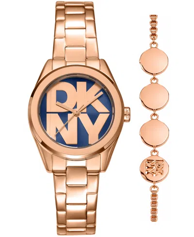 Dkny Women's Logo Quartz Rose Gold-tone Stainless Steel Bracelet Watch 28mm Gift Set