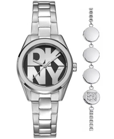 Dkny Women's Logo Quartz Stainless Steel Bracelet Watch 28mm Gift Set In Metallic