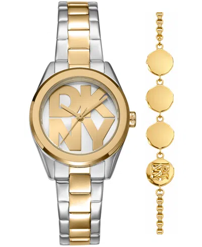 Dkny Women's Logo Quartz Two-tone Stainless Steel Bracelet Watch 28mm Gift Set In Gold