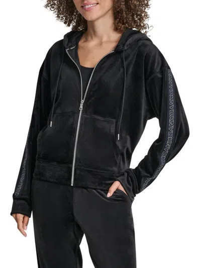 DKNY WOMEN'S LOGO TAPE VELVET ZIP-UP HOODIE