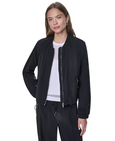 Dkny Women's Logo Trim Rumpled Bomber Tech Jacket In Black