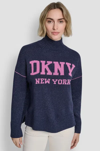 Dkny Women's Logo Turtleneck High Low Sweater In Black
