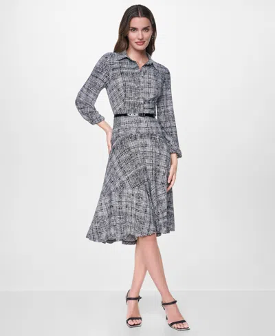 Dkny Women's Long Balloon Sleeve Collared Belted Midi Shirt Dress In Gray